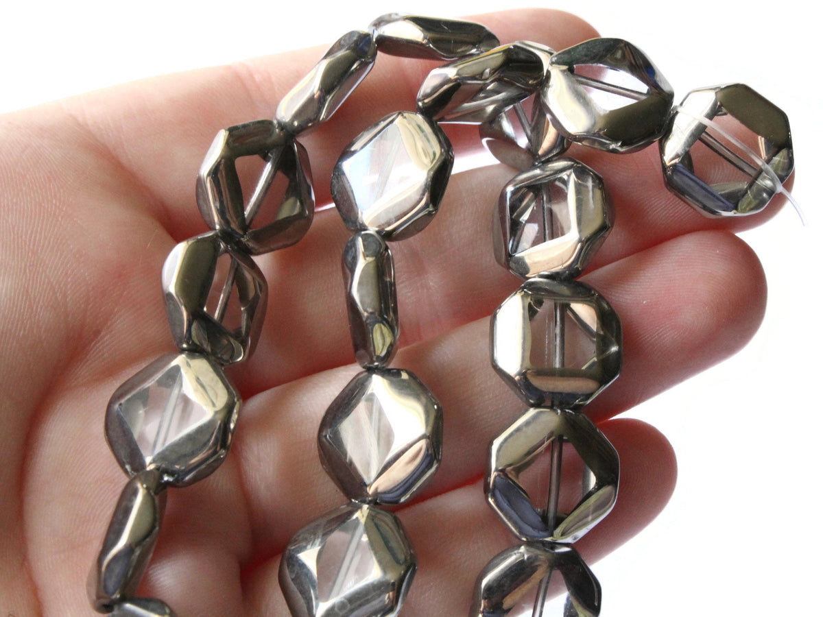22 14mm Silver Rimmed Glass Beads Yellow Octagon Window Beads