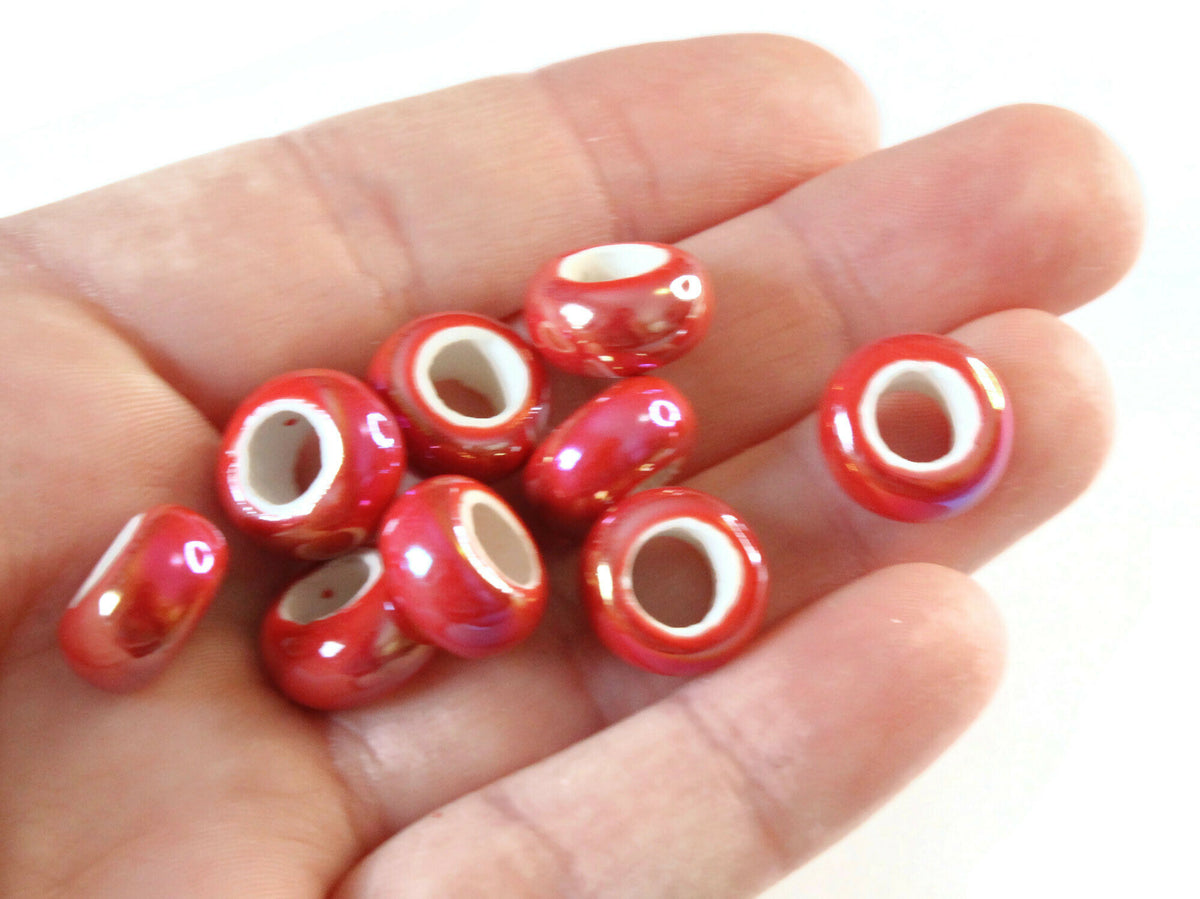 10 13mm Red Porcelain Rondelle Beads - Large Hole Beads