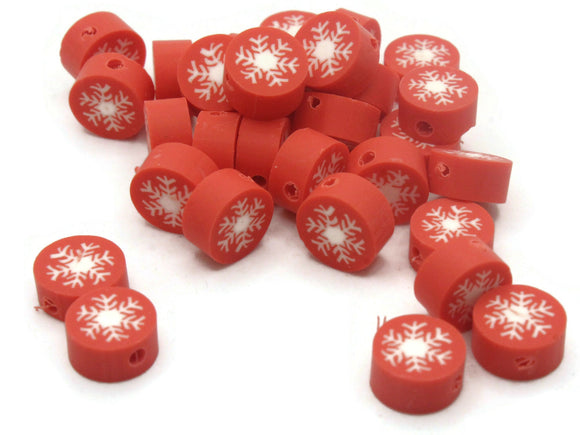 30 Snowflake Polymer Clay Beads Red and White Beads Christmas Beads Small Loose Coin Beads Holiday Beads Jewelry Making