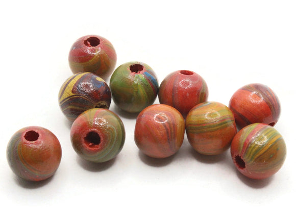 10 14mm Marbled Round Wood Beads Red with Blue and Green Vintage Beads Wooden Beads