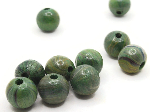 10 14mm Marbled Round Wood Beads Green with Blue and Yellow Vintage Beads Wooden Beads