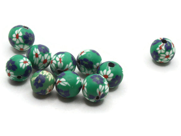 10 10mm Green Blue Red and White Flower Beads Polymer Clay Multi-Color Round Beads Ball Beads Jewelry Making Beading Supplies