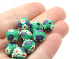 10 10mm Green Blue Red and White Flower Beads Polymer Clay Multi-Color Round Beads Ball Beads Jewelry Making Beading Supplies