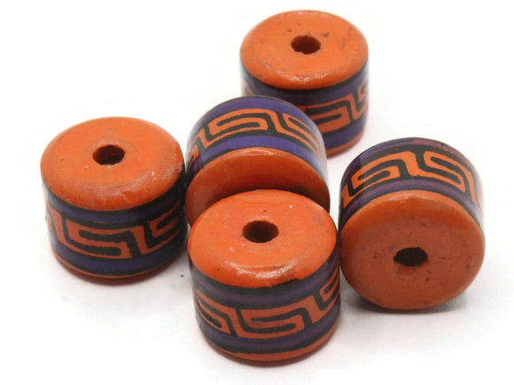 5 14mm Vintage Painted Clay Beads Orange Purple and Black Patterned Disc Beads Peruvian Clay Beads to String Jewelry Making Beading Supplies