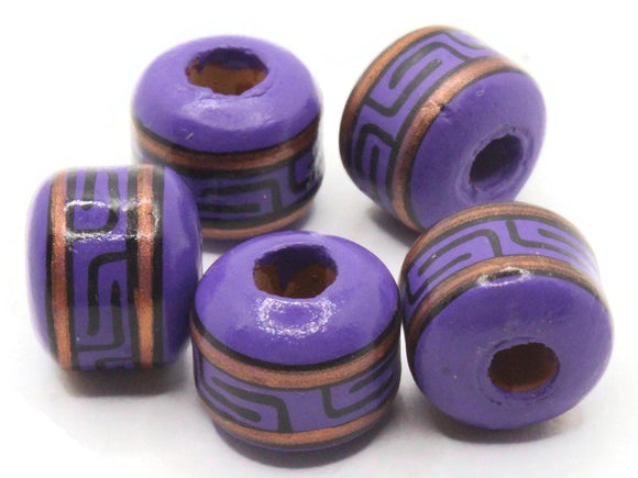 5 15mm Vintage Painted Clay Beads Purple Copper and Black Patterned Tube Beads Peruvian Clay Beads to String Jewelry Making Beading Supplies