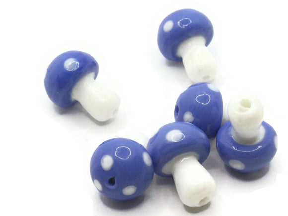 6 19mm Opaque Blue and White Mushroom Beads Polka Dot Lampwork Glass Beads Plant Beads Jewelry Making Beading Supplies