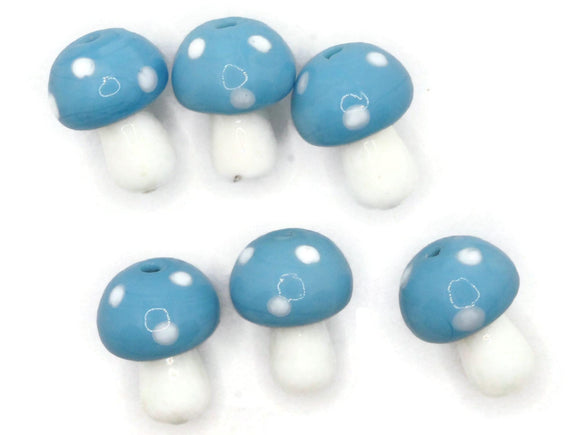 6 19mm Opaque Sky Blue and White Mushroom Beads Polka Dot Lampwork Glass Beads Plant Beads Jewelry Making Beading Supplies