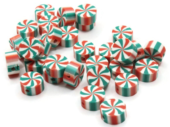 30 Peppermint Polymer Clay Beads Green Red and White Beads Christmas Beads Small Loose Coin Beads Holiday Beads Jewelry Making