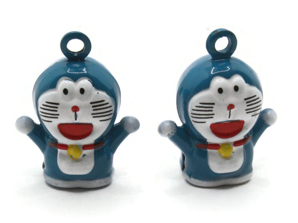 2 24mm Blue Cartoon Cat Brass Bell Charms Jewelry Making Beading Supplies