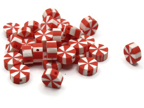 30 Peppermint Polymer Clay Beads Red and White Beads Christmas Beads Small Loose Coin Beads Holiday Beads Jewelry Making