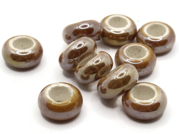 10 13mm Brown Porcelain Rondelle Beads Large Hole Glass Beads Jewelry Making Beading Supplies Loose Ceramic Beads High Luster Beads