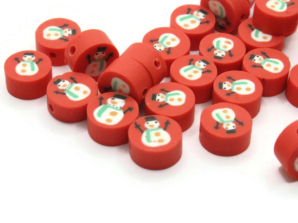 30 Snowman Polymer Clay Beads Red and White Beads Christmas Beads Small Loose Coin Beads Holiday Beads Jewelry Making