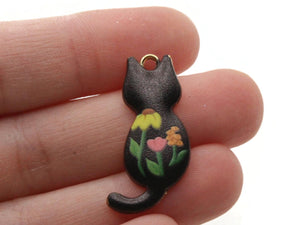 30mm Alloy Metal Cat Pendants Black with Multicolor Flowers Enamel Cat Beads Gold Tone Jewelry Making Beading Supplies