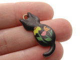 30mm Alloy Metal Cat Pendants Black with Multicolor Flowers Enamel Cat Beads Gold Tone Jewelry Making Beading Supplies