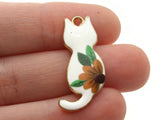 30mm Alloy Metal Cat Pendants White with Yellow Flower Enamel Cat Beads Gold Tone Jewelry Making Beading Supplies