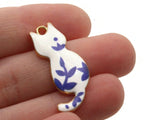 30mm Alloy Metal Cat Pendants White and Blue Enamel Cat Beads Gold Tone Jewelry Making Beading Supplies