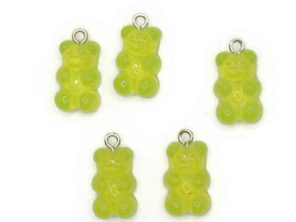 5 20mm Yellow-Green Gummy Bear Charms Resin Pendants with Platinum Colored Loops Jewelry Making Beading Supplies Loose Candy Charms