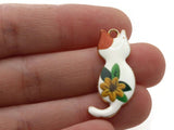 30mm Alloy Metal Cat Pendants White with Yellow Flower Enamel Cat Beads Gold Tone Jewelry Making Beading Supplies