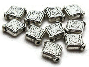 10 10mm Antique Silver Patterned Diamond Beads with Rim Beads Jewelry Making Beading Supplies Loose Beads Lead Free Spacer Beads