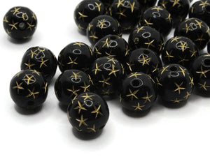 27 11mm Black Round Plastic Beads with Gold Stars Loose Beads to String Jewelry Making Beading Supplies Black and Gold Acrylic Beads