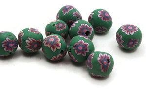 10 10mm Green with Purple and Pink Flower Beads Polymer Clay Multi-Color Round Beads Ball Beads Jewelry Making Beading Supplies