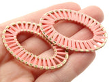 2 32mm Pink Imitation Raffia Wrapped Golden Alloy Pendant Oval Pendants Oval Charms Jewelry Making Beading Supplies