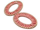 2 32mm Pink Imitation Raffia Wrapped Golden Alloy Pendant Oval Pendants Oval Charms Jewelry Making Beading Supplies