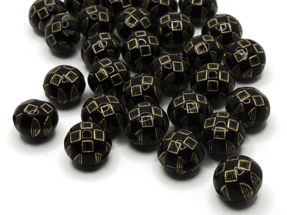 30 10mm Black Puffed Coin Plastic Beads with Gold Checkerboard Pattern Loose Beads to String Jewelry Making Black and Gold Acrylic Beads