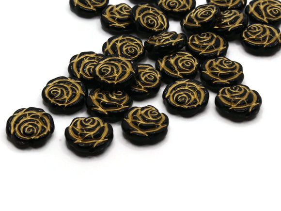 25 13mm Black Coin Flower Plastic Beads with Gold Details Loose Beads to String Jewelry Making Black and Gold Acrylic Beads