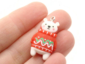 2 33mm White Polar Bear Charms with Red Sweater Resin Charms Miniature Cute Charms Jewelry Making Beading Supplies kitsch charms