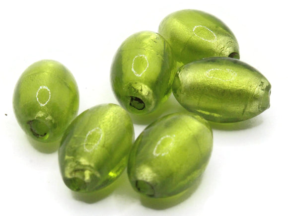 6 15mm Green Silver Lined Oval Beads Lampwork Glass Beads Jewelry Making and Beading Supplies