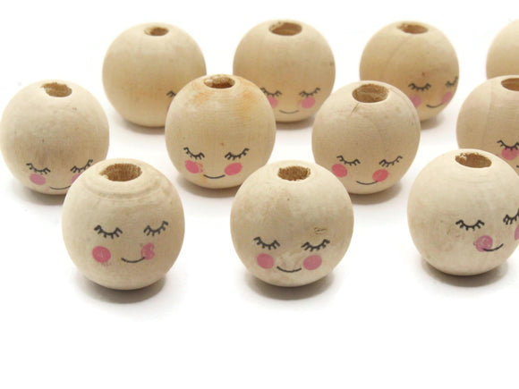 12 17mm Cute Smiling Face with Eye Lashes Doll Head Beads Round Wood Beads Natural Wooden Large Hole Beads Jewelry Making Beading Supplies