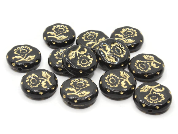 12 18mm Black and Gold Flower Beads Plastic Flat Round Coin Beads Loose Beads to String Jewelry Making Beading Supplies Acrylic Beads