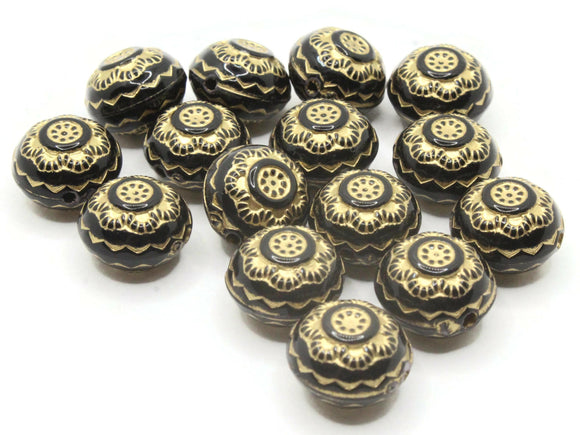 15 13mm Black Puffed Coin Plastic Beads with Gold Details Loose Beads to String Jewelry Making Black and Gold Acrylic Beads Beading Supplies