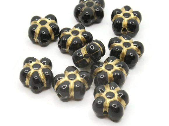 10 14mm Black and Gold 5 Petal Flower Beads Plastic Flat Coin Beads Loose Beads to String Jewelry Making Beading Supplies Acrylic Beads