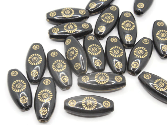 18 21mm Black and Gold Flat Oval Tube Beads Plastic Bead Jewelry Making Beading Supplies