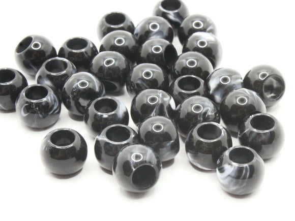 30 12mm Black and Gray Swirl Large Hole Beads Plastic Beads Jewelry Making Beading Supplies Round Beads Macrame Beads Hair Beads Loose Beads