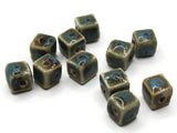 11 10mm Green, Blue and Brown Spotted Porcelain Ceramic Cube Beads Jewelry Making Beading Supplies