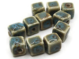 11 10mm Green, Blue and Brown Spotted Porcelain Ceramic Cube Beads Jewelry Making Beading Supplies