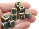 11 10mm Green, Blue and Brown Spotted Porcelain Ceramic Cube Beads Jewelry Making Beading Supplies