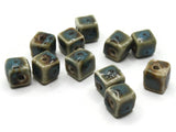 11 10mm Green, Blue and Brown Spotted Porcelain Ceramic Cube Beads Jewelry Making Beading Supplies