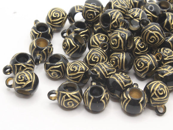 50 9mm Black Round Plastic Beads with Gold Flower Pattern Loose Large Hole Beads with Loop Beads to String Jewelry Making Beading Supplies