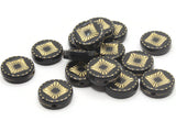 15 15mm Black Coin Shaped Plastic Beads with Gold Square Design Loose Beads to String Jewelry Making Black and Gold Acrylic Beads