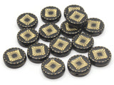 15 15mm Black Coin Shaped Plastic Beads with Gold Square Design Loose Beads to String Jewelry Making Black and Gold Acrylic Beads