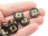 15 15mm Black Coin Shaped Plastic Beads with Gold Square Design Loose Beads to String Jewelry Making Black and Gold Acrylic Beads