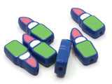 6 24mm Pink Lipstick Beads with Green and White Enamel Tube on Blue Plastic Beads Acrylic Beads to String Jewelry Making Beading Supplies