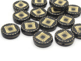 15 15mm Black Coin Shaped Plastic Beads with Gold Square Design Loose Beads to String Jewelry Making Black and Gold Acrylic Beads