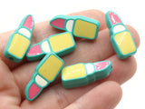 6 24mm Pink Lipstick Beads Yellow and White Enamel on Teal Green Plastic Beads Acrylic Beads to String Jewelry Making Beading Supplies