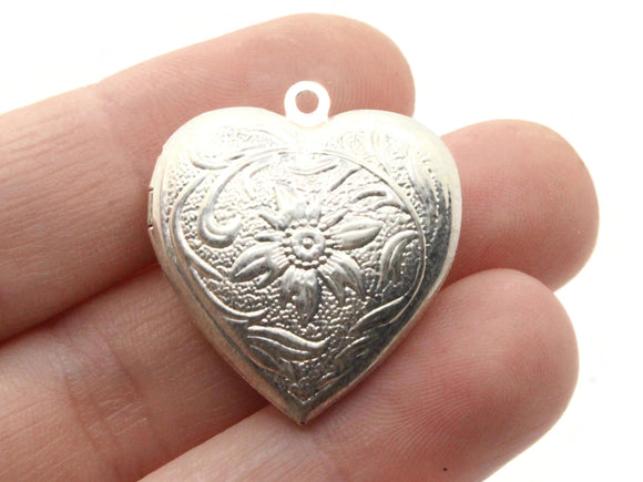 28mm Heart Locket with Flowers Antique Silver Tone Brass Locket Charm Jewelry Making and Beading Supplies