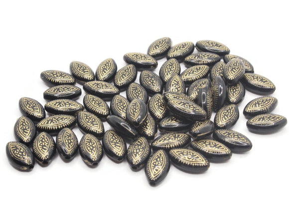 50 13mm Black and Gold Flat Oval Marquis Beads Plastic Bead Jewelry Making Beading Supplies